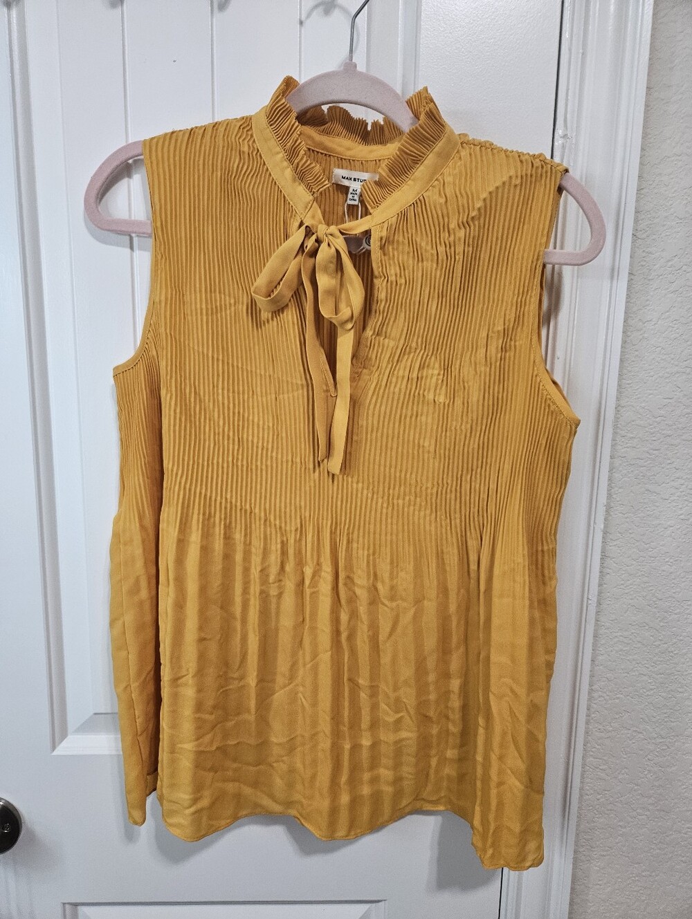 Mustard Pleated Sleeveless Tie-Neck Top